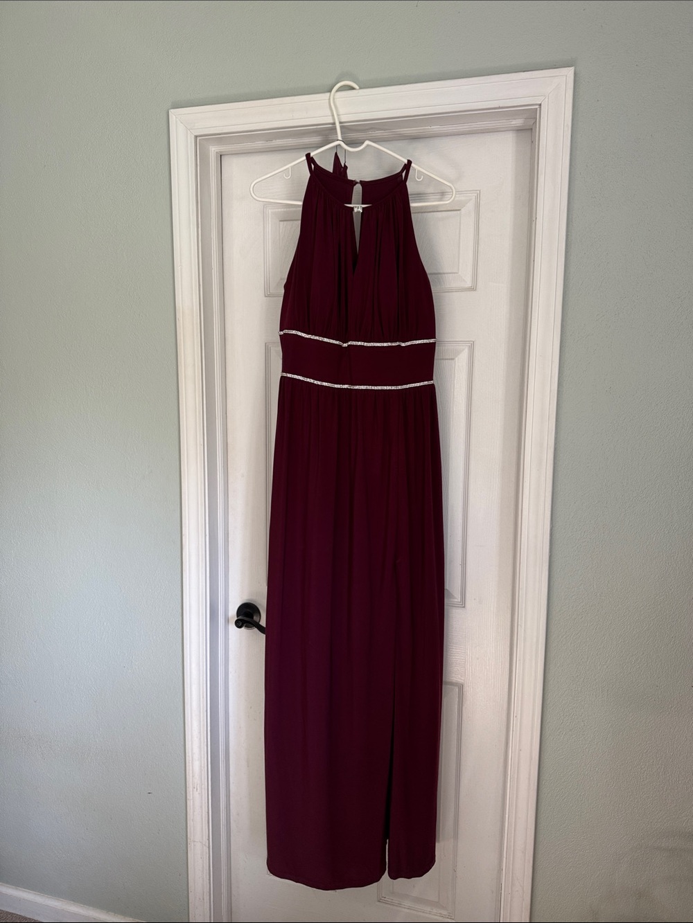 Oleg Cassini Burgundy Halter Maxi Dress with Beaded Waist